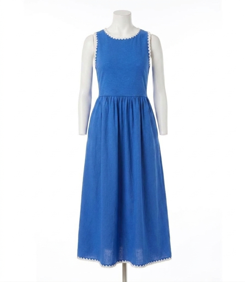 NEW KAREN KANE sleeveless edge stitch contrast midi dress in blue
